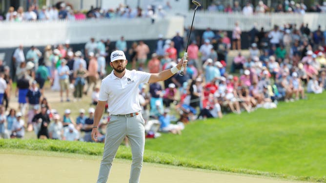 Hayden Buckley of the United States reacts on the 18th green during the final round of the 2023 PGA Championship at Oak Hill Country Club in Rochester, New York.