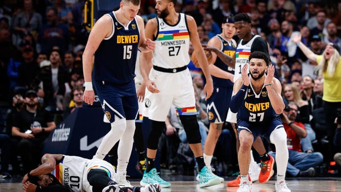 Jamal Murray reacts after fouling Minnesota PG Mike Conley at Ball Arena.