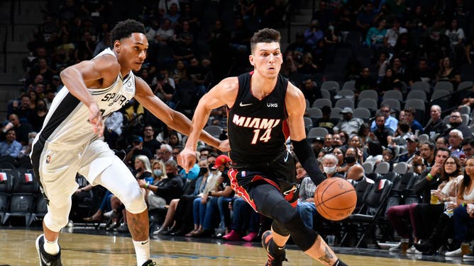 Miami Heat SG Tyler Herro drives to the basket against the San Antonio Spurs at the AT&T Center in San Antonio, Texas.