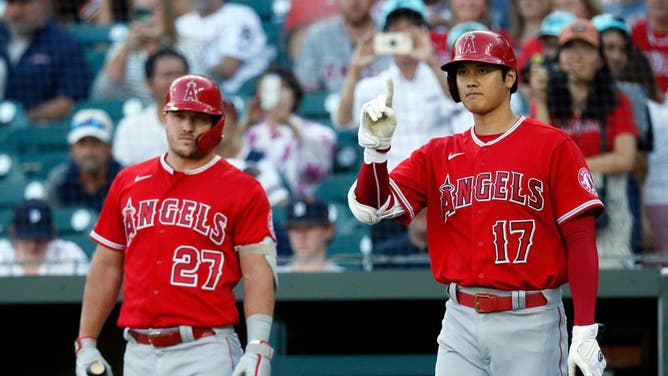 Ohtani comes up to bat with Mike Trout on deck vs. the Detroit Tigers at Comerica Park in Detroit.