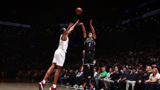 Cameron Johnson shoots a 3 vs. the Cavaliers at Barclays Center in Brooklyn, New York.