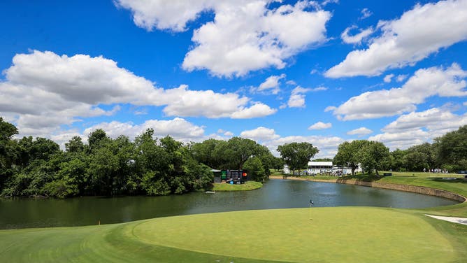 A scenic view of the 13th hole during a practice round prior to the Charles Schwab Challenge at Colonial Country Club in Fort Worth, Texas.