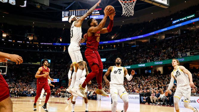 Cleveland Cavaliers SG Donovan Mitchell shoots the ball during the game against the Utah Jazz at Rocket Mortgage FieldHouse in Cleveland, Ohio.