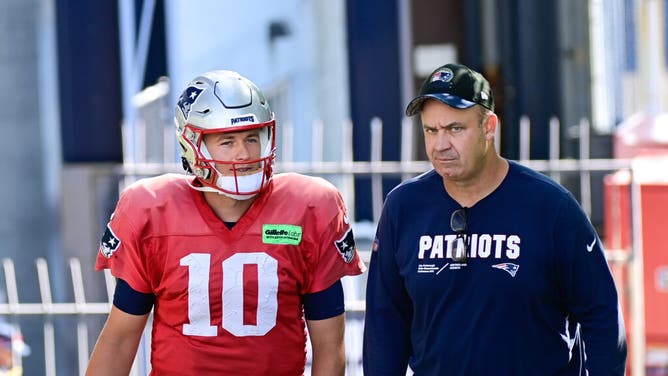 New England Patriots QB Mac Jones and offensive coordinator Bill O'Brien head to the practice fields at Gillette Stadium.