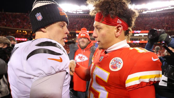 Joe Burrow of the Cincinnati Bengals and Patrick Mahomes of the Kansas City Chiefs meet on the field after the AFC Championship Game.