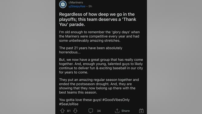 A fan on a Mariners Reddit board calls for a parade even if they get swept by the Astros.
