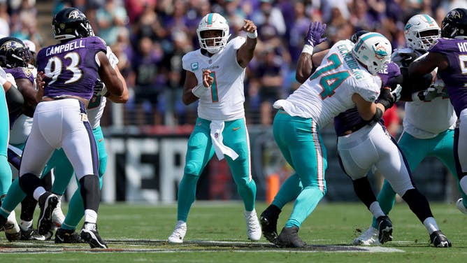 Miami Dolphins QB Tua Tagovailoa throws a pass during in the first quarter of the game against the Baltimore Ravens at in Baltimore in Week 2 on Sept. 18, 2022