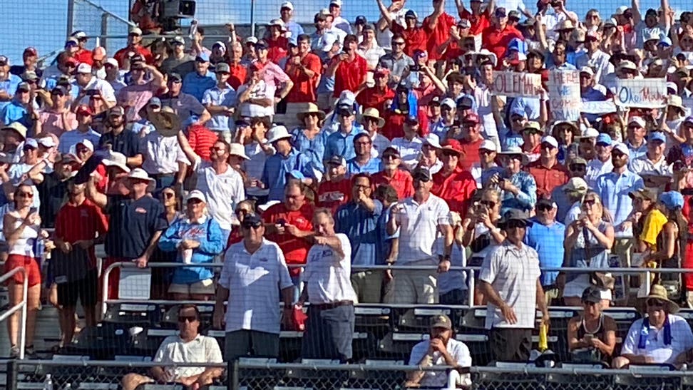 Ole Miss fans celebrate final out of 5-0 win at Southern Miss Sunday to win NCAA Super Regional and advance to College World Series in Omaha, Nebraska.