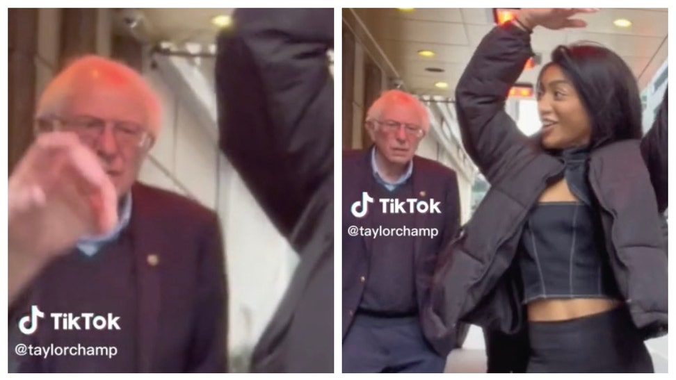Senator Bernie Sanders looked disgusted after stumbling into a viral TikTok video. (Credit: Screenshot/Tiktok Video https://www.tiktok.com/@taylorchamp/video/7202306992231157038)