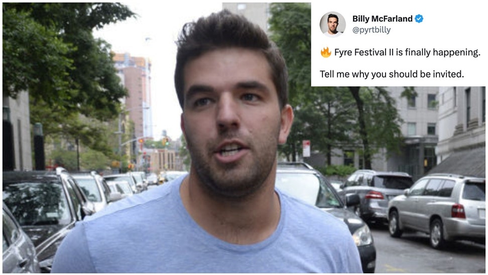 Billy McFarland teases second Fyre Festival. (Credit: Getty Images, Twitter)