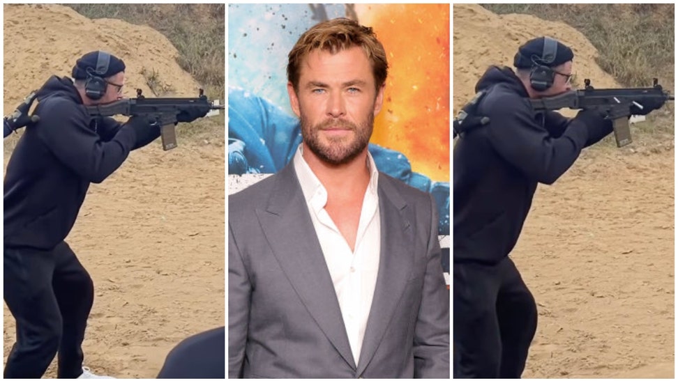 Getting in a gun fight with Chris Hemsworth might end poorly for the bad guys. He showed off his shooting skills in a Chili Palmer video. (Credit: Getty Images and Instagram video screenshot/https://www.instagram.com/p/Ct4Rz6Zsc6x/)