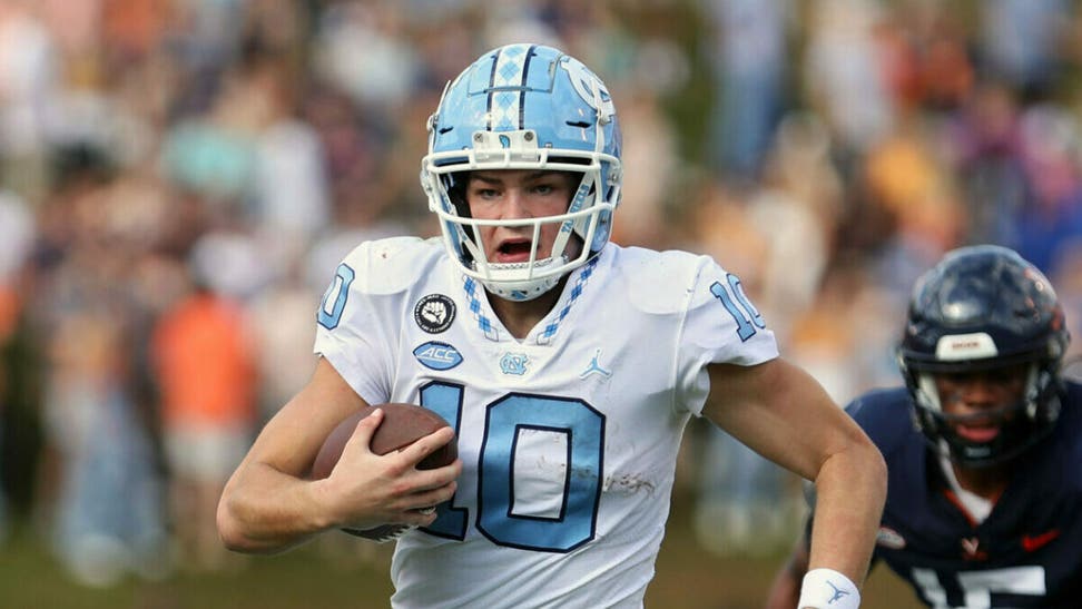 UNC QB Drake Maye should be in the Heisman conversation. What are his stats? (Photo by Ryan M. Kelly/Getty Images)