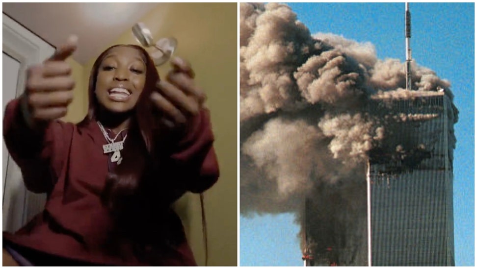 LSU basketball player Flau’jae Johnson mocked 9/11 and the Twin Towers being attacked in a now-deleted rap video. (Credit: Getty Images and Twitter video)