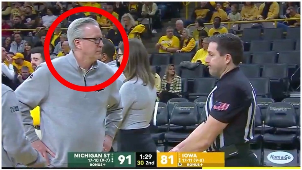 Iowa basketball coach Fran McCaffery stares down a ref. (Credit: Screenshot/Twitter Video https://twitter.com/cjzero/status/1629558239984508929)