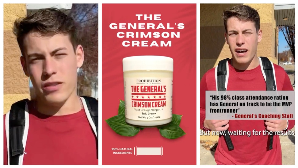 Oklahoma quarterback General Booty releases body cream. (Credit: Screenshot/Twitter Video https://twitter.com/Generalbooty10/status/1612972894992338946 and https://shop.crimsoncreamcollective.com/crimson_and_cream/shop/product-detail/1006118)
