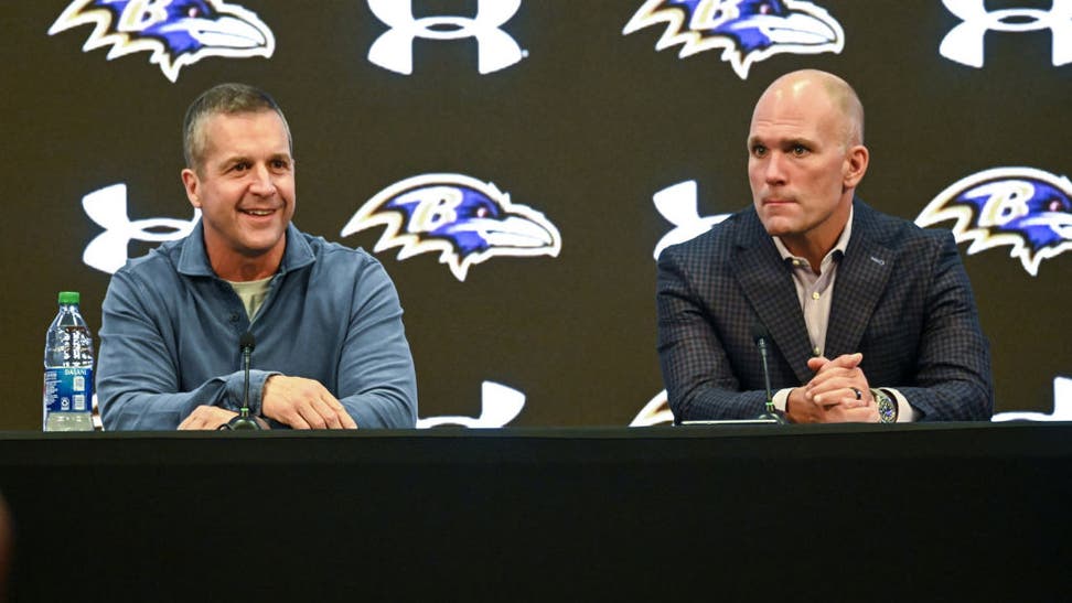 Baltimore Ravens coach John Harbaugh, left, and General Manager and Executive Vice President Eric DeCosta are tired of questions about Lamar Jackson.