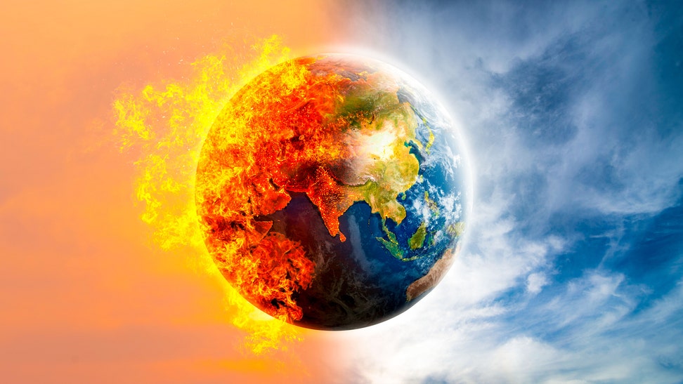 Concept illustration Global warming around the world is about to be burned by human hands (3D image)