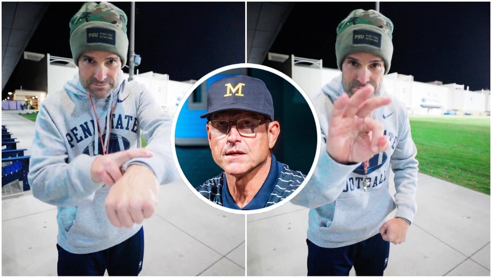 Manny Diaz trolls Michigan cheating scandal ahead of game. (Credit: Getty Images and Twitter video screenshot/https://twitter.com/PennStateFball/status/1722433096362897868)