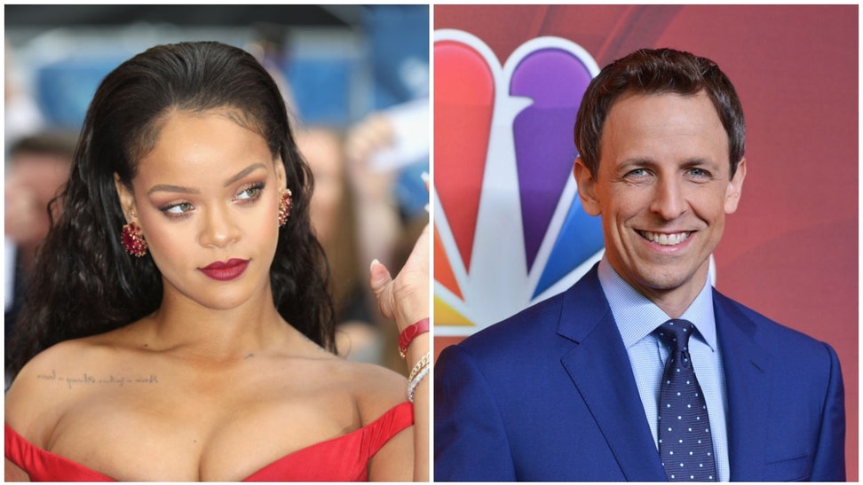 Rihanna drank Seth Meyers under a table during a day drinking stunt for his show. (Credit: Getty Images)