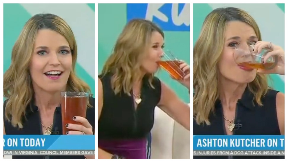 NBC's Savannah Guthrie chugs a beer in the morning on live TV. (Credit: Screenshot/Twitter Video https://twitter.com/curtishouck/status/1588522781213396994)