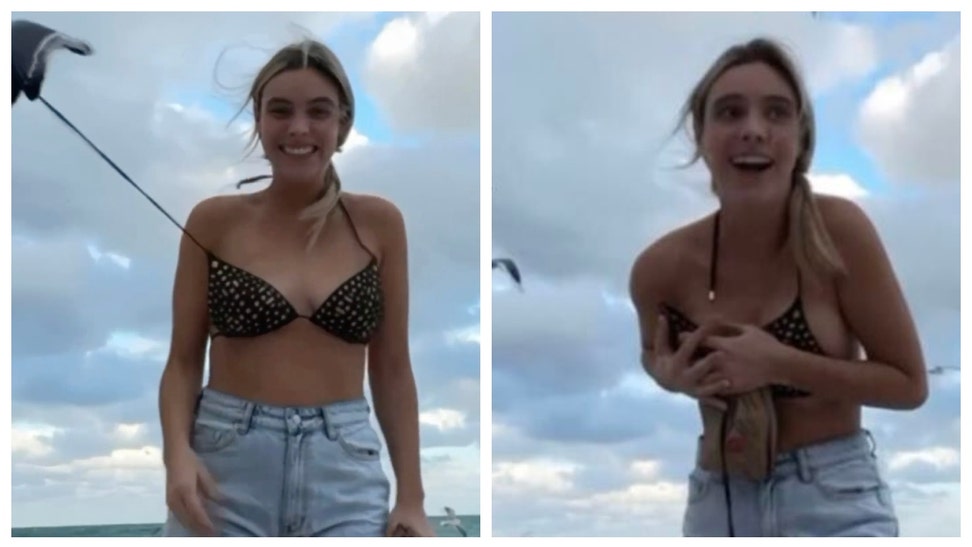 Seagull Unties Influencer Lele Pons' Bikini Top As She Hangs Out At The Beach