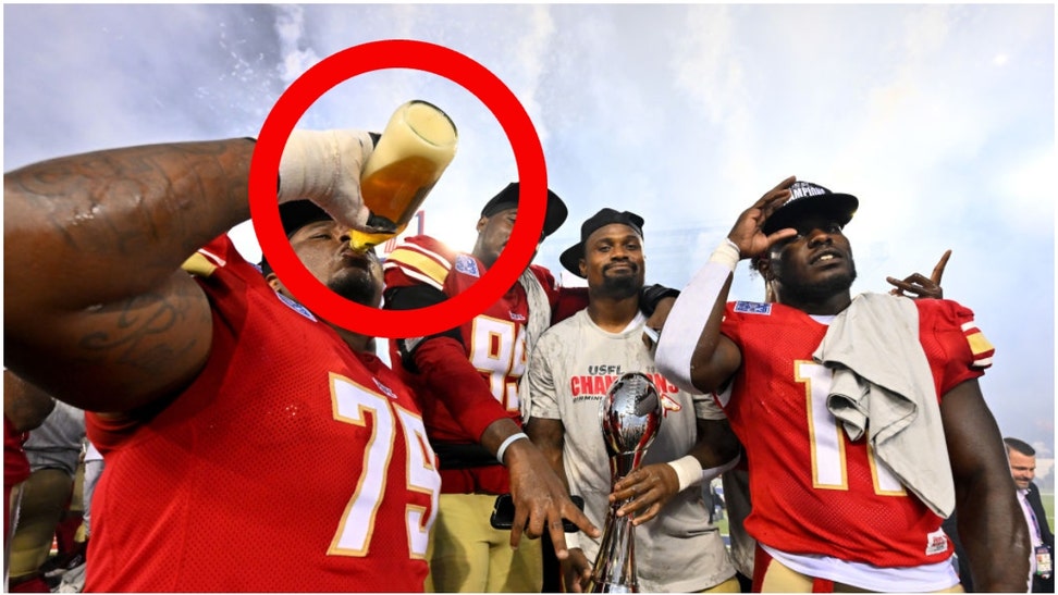 Birmingham Stallions players celebrated winning the USFL championship with Miller High Life 40s. It was a pretty epic move. (Photo by Jason Miller/USFL/Getty Images for USFL)