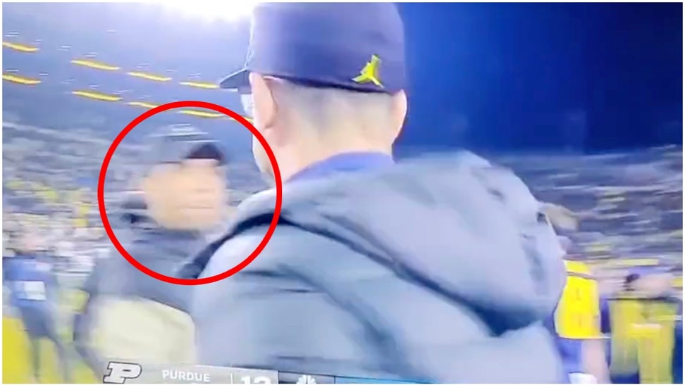It's probably safe to say Purdue coach Ryan Walters doesn't like Jim Harbaugh. He blew past him during the postgame handshake. (Credit: Screenshot/X Video https://twitter.com/aneeshswamy/status/1720999780757696574)