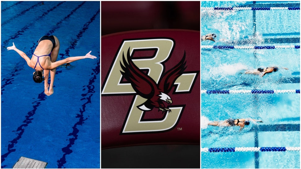 Boston College logo with swimmers and diver.