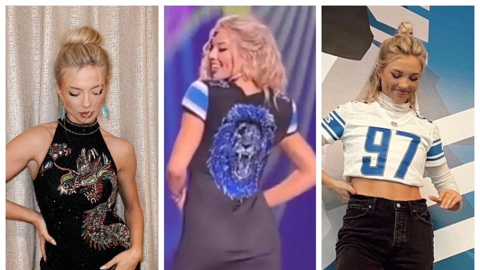 Aidan Hutchinson's sister Aria Hutchinson wears a Detroit Lions dress. (Credit: Instagram/New York Post)