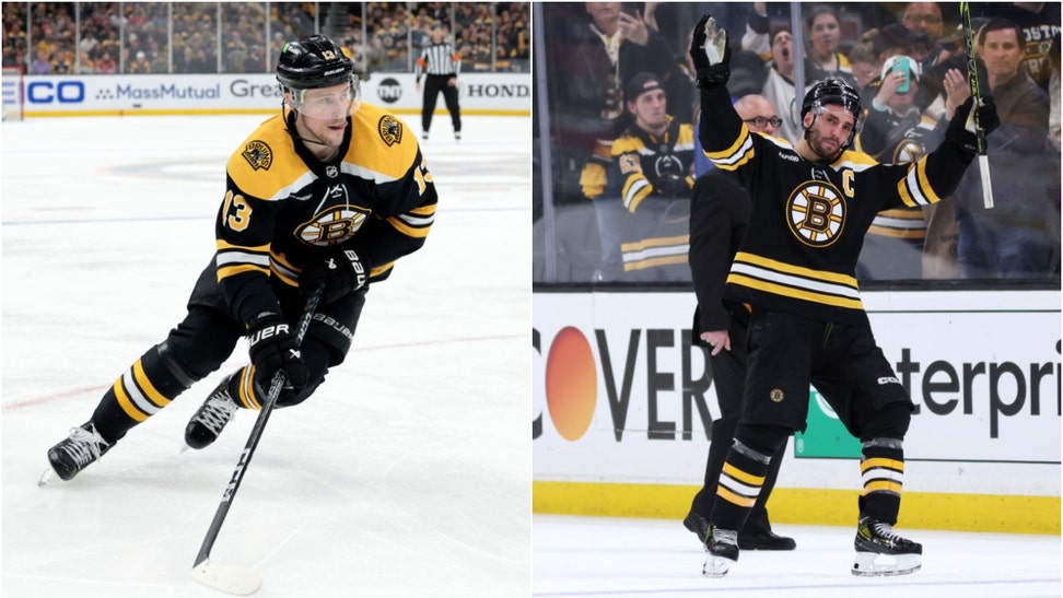 Charlie Coyle and Patrice Bergeron of the Boston Bruins
