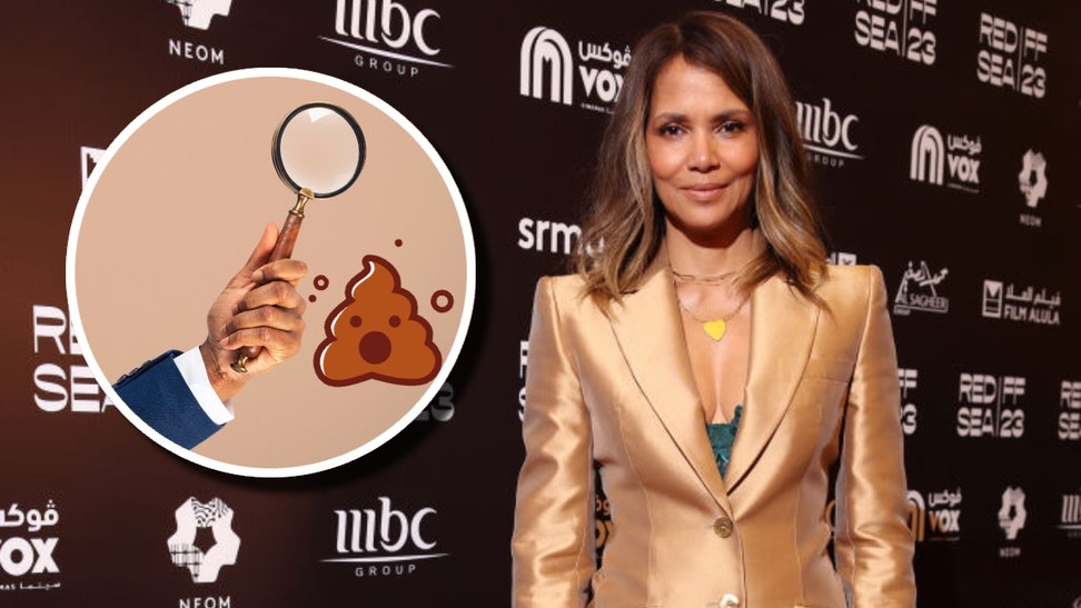 Halle berry, a magnifying glass, and a poo emoji