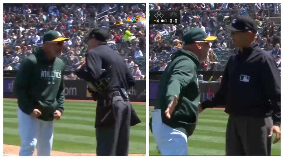 A's manager Mark Kotsay ejected and goes nuts.