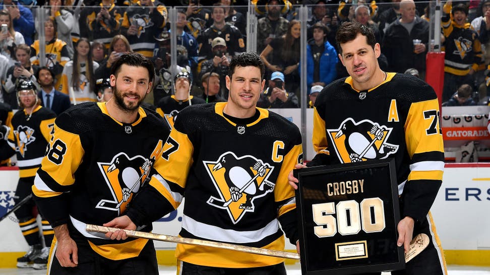 Kris Letang, Sidney Crosby, and Evgeni Malkin of he PIttsburgh Penguins