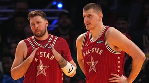 Luka Doncic and Nikola Jokic of the Western Conference look on during the game against the Eastern Conference during the NBA All-Star Game.