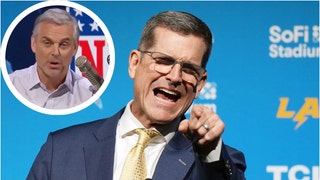 Jim Harbaugh is a top four fighter in the NFL, according to Colin Cowherd. (Credit: USA Today Sports Network and X video screenshot/ https://twitter.com/BackAftaThis/status/1754927972841070971)