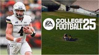"College Football 25" won't feature FCS teams. (Credit: Screenshot/X Video https://twitter.com/EASPORTSCollege/status/1758159742109671874 and Getty Images)