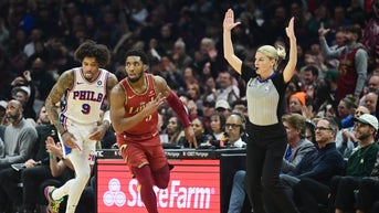 Cleveland Cavaliers SG Donovan Mitchell celebrates after hitting a three vs. the Philadelphia 76ers at Rocket Mortgage FieldHouse in Ohio.