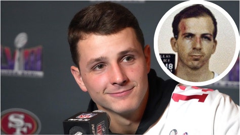 San Francisco 49ers QB Brock Purdy was asked a wild question about comparisons to Lee Harvey Oswald. Watch a video of the moment it happened. (Credit: USA Today Sports Network and Getty Images)