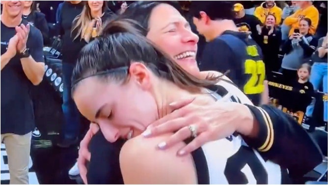 Iowa superstar Caitlin Clark shared a touching moment with her family after breaking the scoring record. She embraced her parents. Watch the video. (Credit: Screenshot/X Video https://twitter.com/benscottstevens/status/1758327640971255838)