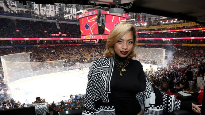 Musician Kiana Lede at the 2024 NHL All-Star Game at Scotiabank Arena on February 03, 2024 in Toronto, Ontario wearing pro-Palestine attire. 