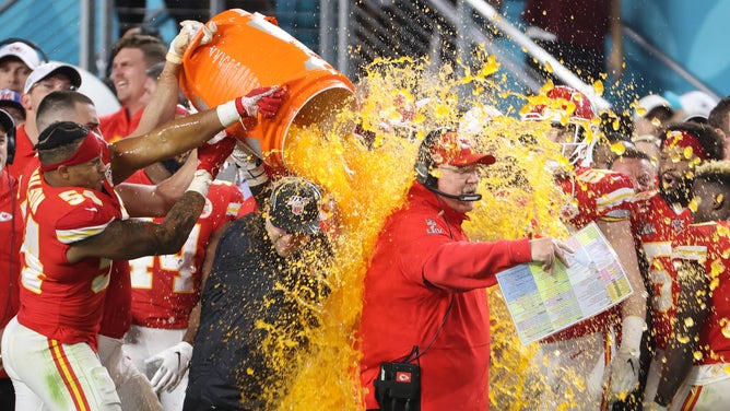 Kansas City Chiefs head coach Andy Reid is dunked with Orange Gatorade in the 4th quarter vs. the San Francisco 49ers in Super Bowl LIV at Hard Rock Stadium in Miami. (Geoff Burke-USA TODAY Sports)