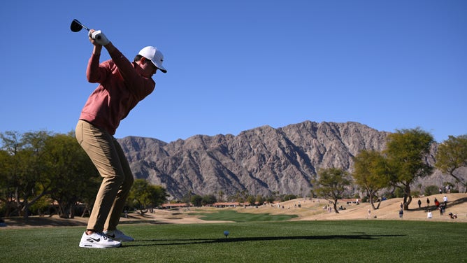 Davis Thompson hits a tee shot on Hole No. 3 Sunday in The American Express 2024 at Pete Dye Stadium Course in La Quinta, California.