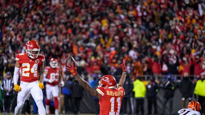 Kansas City Chiefs WR Marquez Valdes-Scantling catches a TD in the 2023 AFC championship against the Cincinnati Bengals at Arrowhead Stadium. 