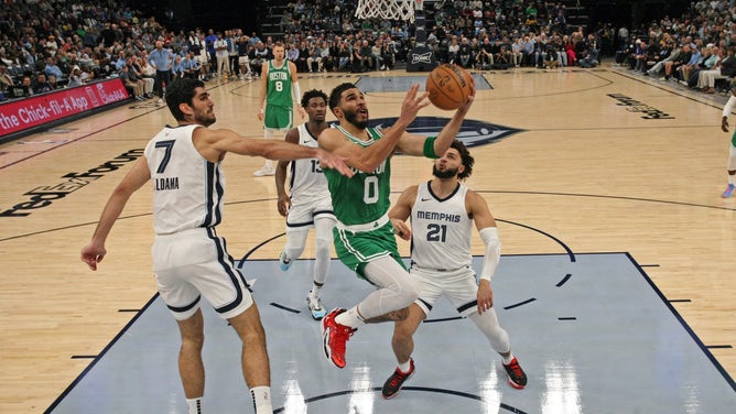 Boston Celtics SF Jayson Tatum attacks the hoop vs. the Memphis Grizzlies at FedExForum in Tennessee.