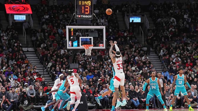 Toronto Raptors SG Gary Trent Jr. chunks a three vs. the Charlotte Hornets at Scotiabank Arena in Canada. 
