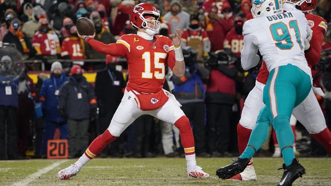 Kansas City Chiefs QB Patrick Mahomes throws under pressure from the Miami Dolphins in the 2024 AFC wild card game at GEHA Field at Arrowhead Stadium. (Denny Medley-USA TODAY Sports)