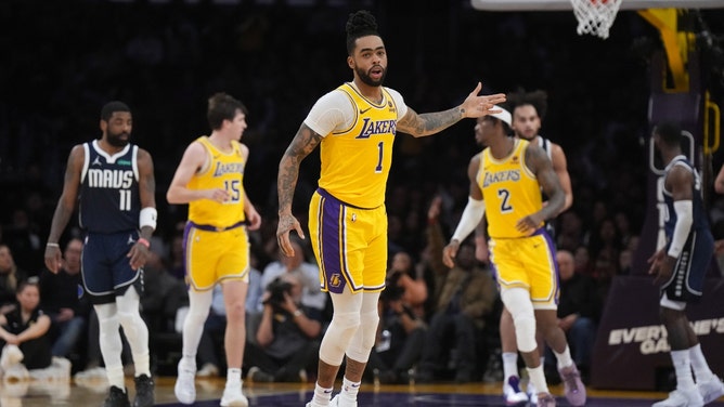 Lakers PG D'Angelo Russell celebrates a 3-pointer against the Dallas Mavericks at Crypto.com Arena in Los Angeles. (Kirby Lee-USA TODAY Sports)