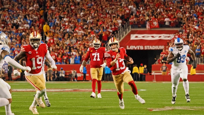 San Francisco 49ers QB Brock Purdy scrambles vs. the Detroit Lions in the NFC title game at Levi's Stadium. (Kelley L Cox-USA TODAY Sports)