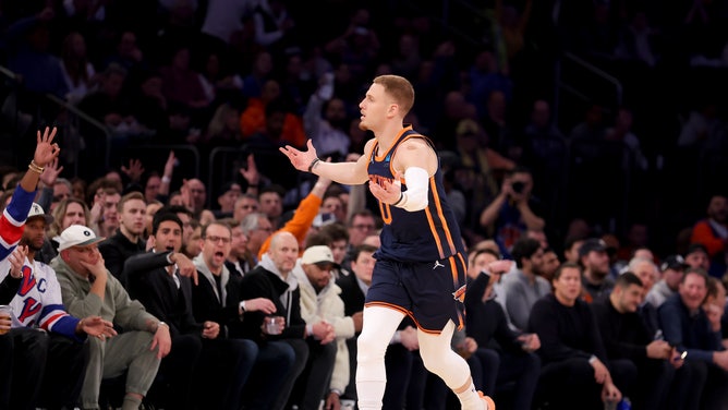Knicks SG Donte DiVincenzo celebrates a 3-pointer vs. the Indiana Pacers at Madison Square Garden.