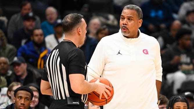 Ed Cooley gets into it with a heckler. (Credit: Brad Mills-USA TODAY Sports)